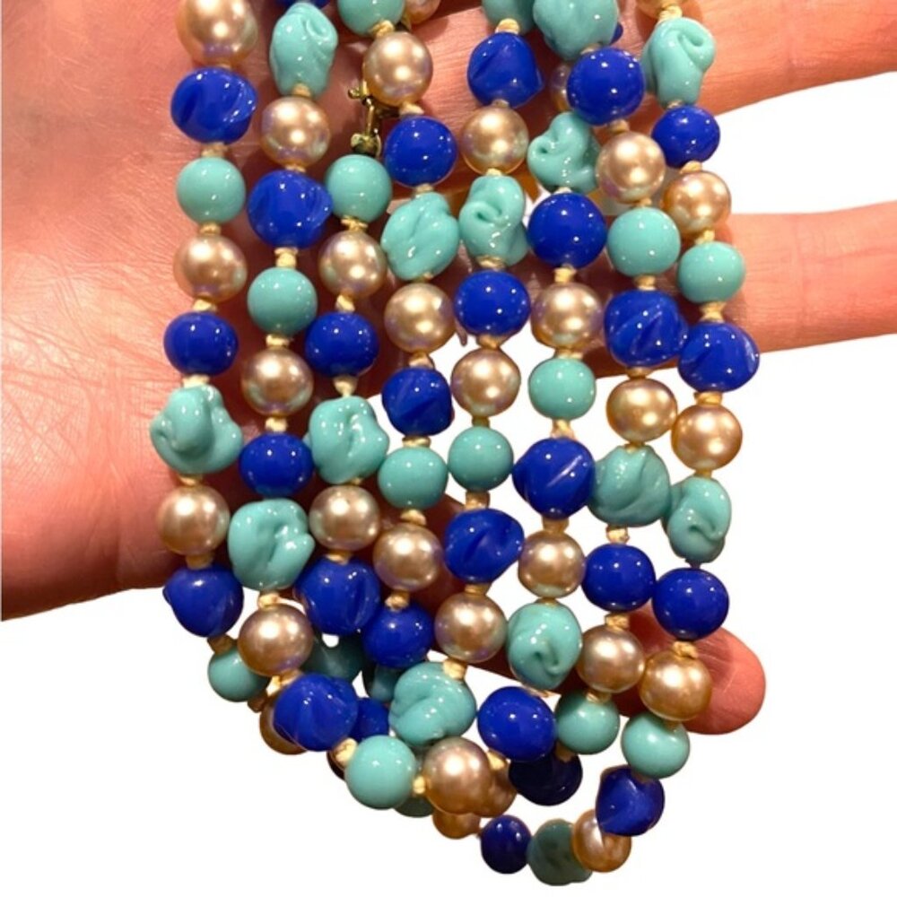 Antique Handmade CZECH Glass blue fancy bead & pearl necklace 48” LoNG